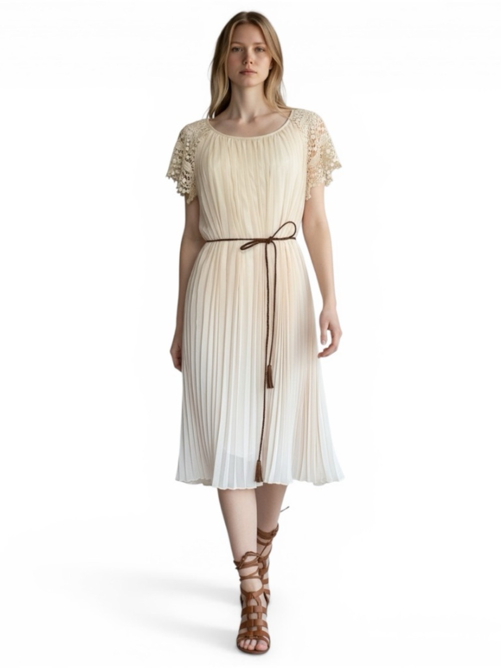 Boho Ivory Pleated Chiffon Midi Dress Crochet Lace Sleeves Festival Grecian S